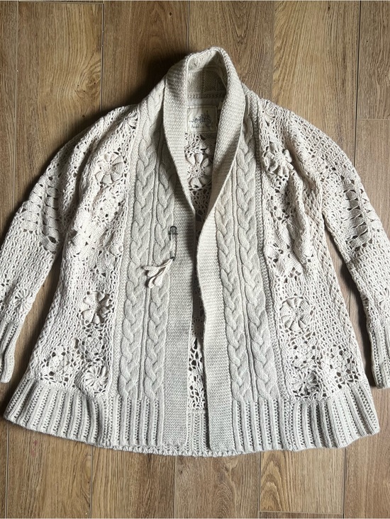 Angel Of The North Sweaters - Anthropologie-Angel of the North Cream Openwork Cable Knit Shawl Collar Sweater